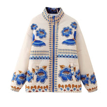 Load image into Gallery viewer, BLUE FLOWER PRINT ZIP-UP QUILTED JACKET