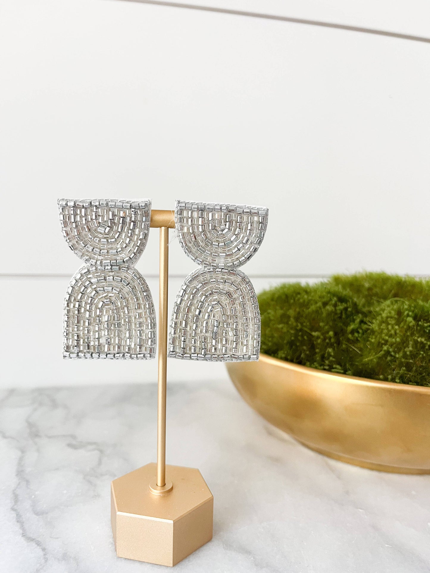 Metallic Geometric Arch Beaded Earring Silver and Gold