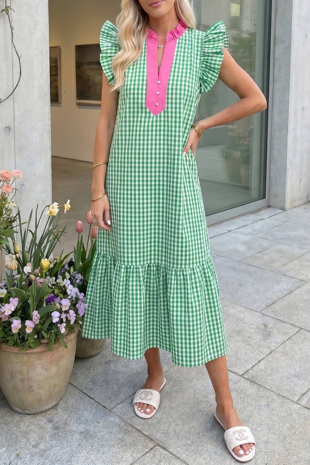 Summer Plaid V-Neck Ruffle Sleeve Tiered Midi Dress