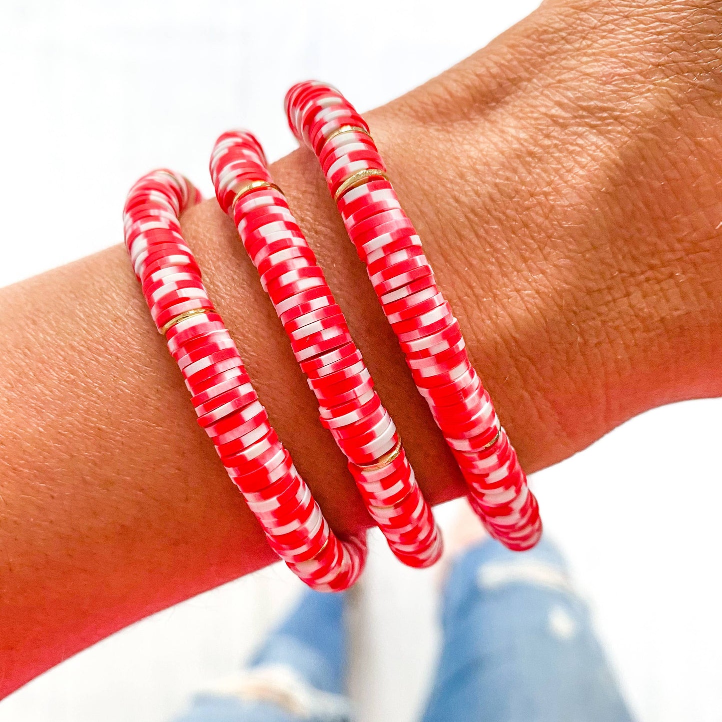 Red Pink and White Vinyl Heishi Bracelet Mix: Light Pink Speckle Dalmatian
