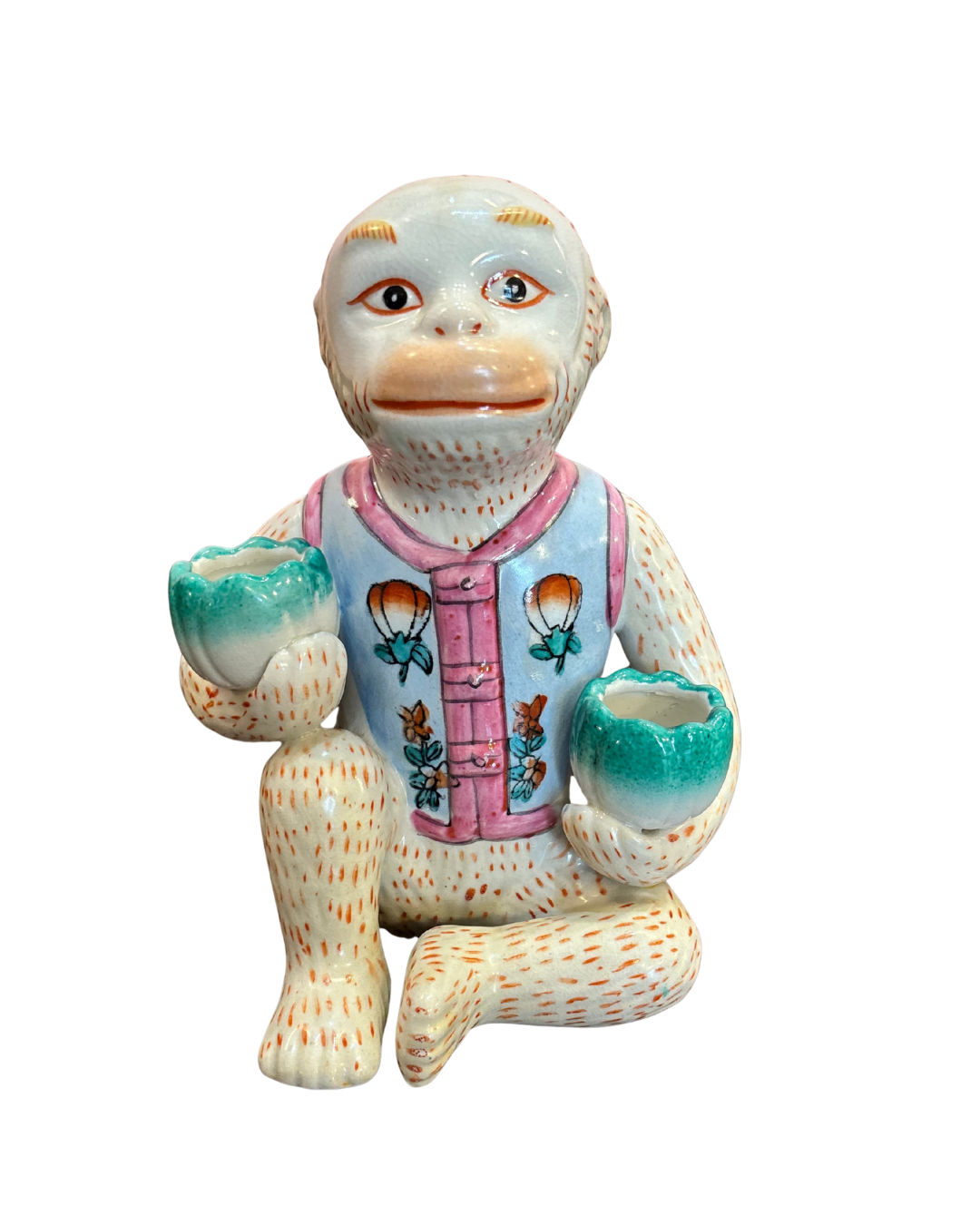 Hand-painted ceramic Chinoiserie monkey candle holder