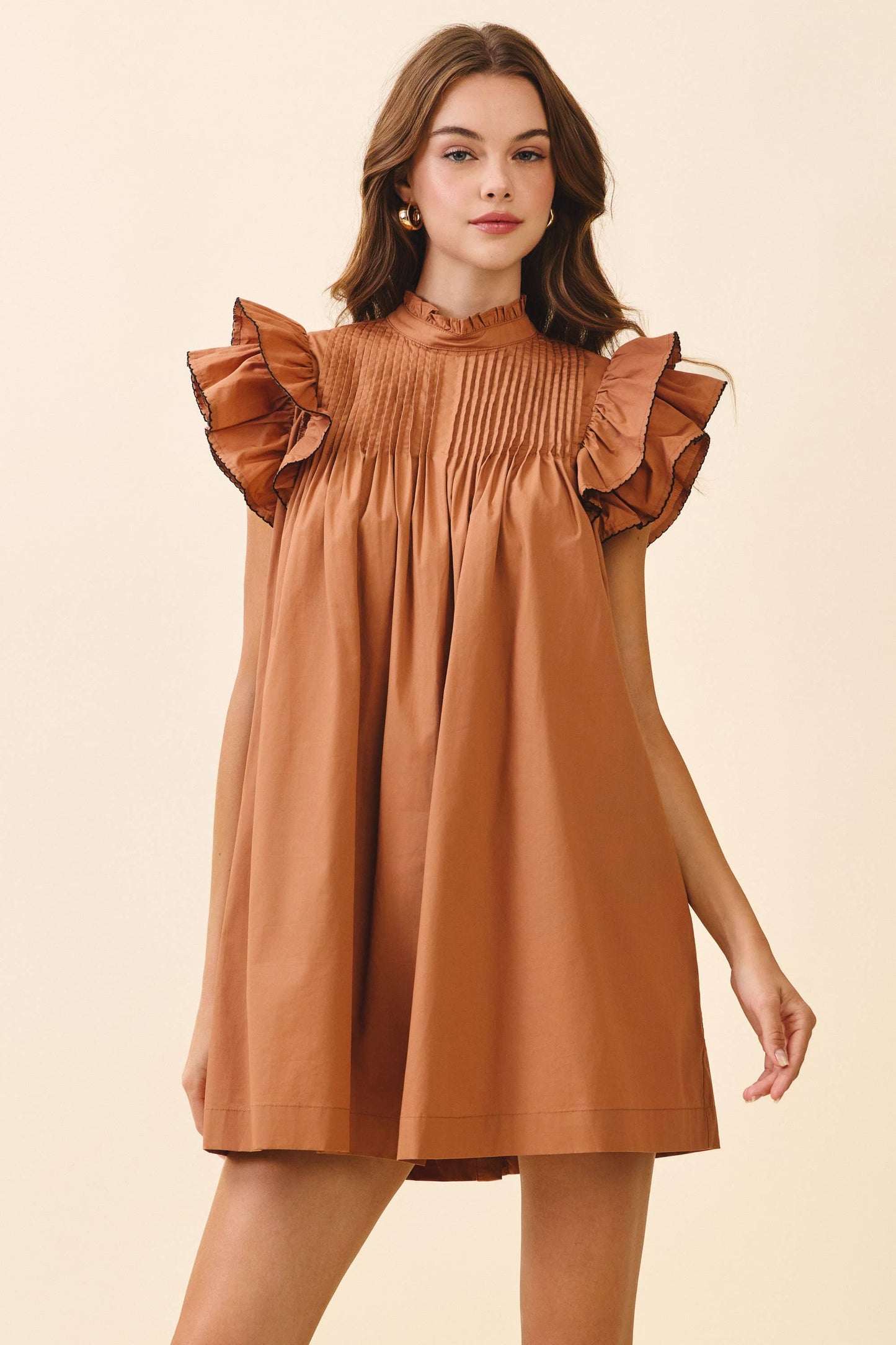 Back Button Down High Neck Babydoll Mini Dress