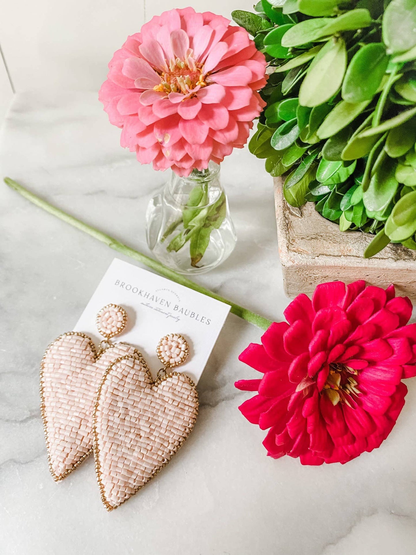Light Pink Beaded Heart Earrings with Gold Accents