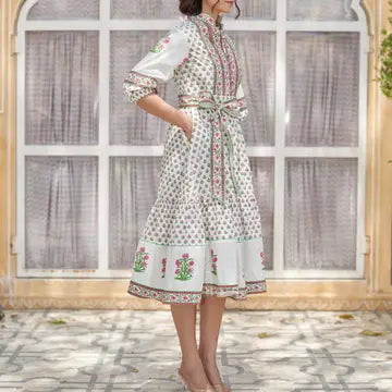 Midi Dress | Pink/White | Block Print Dress | Sage Dress