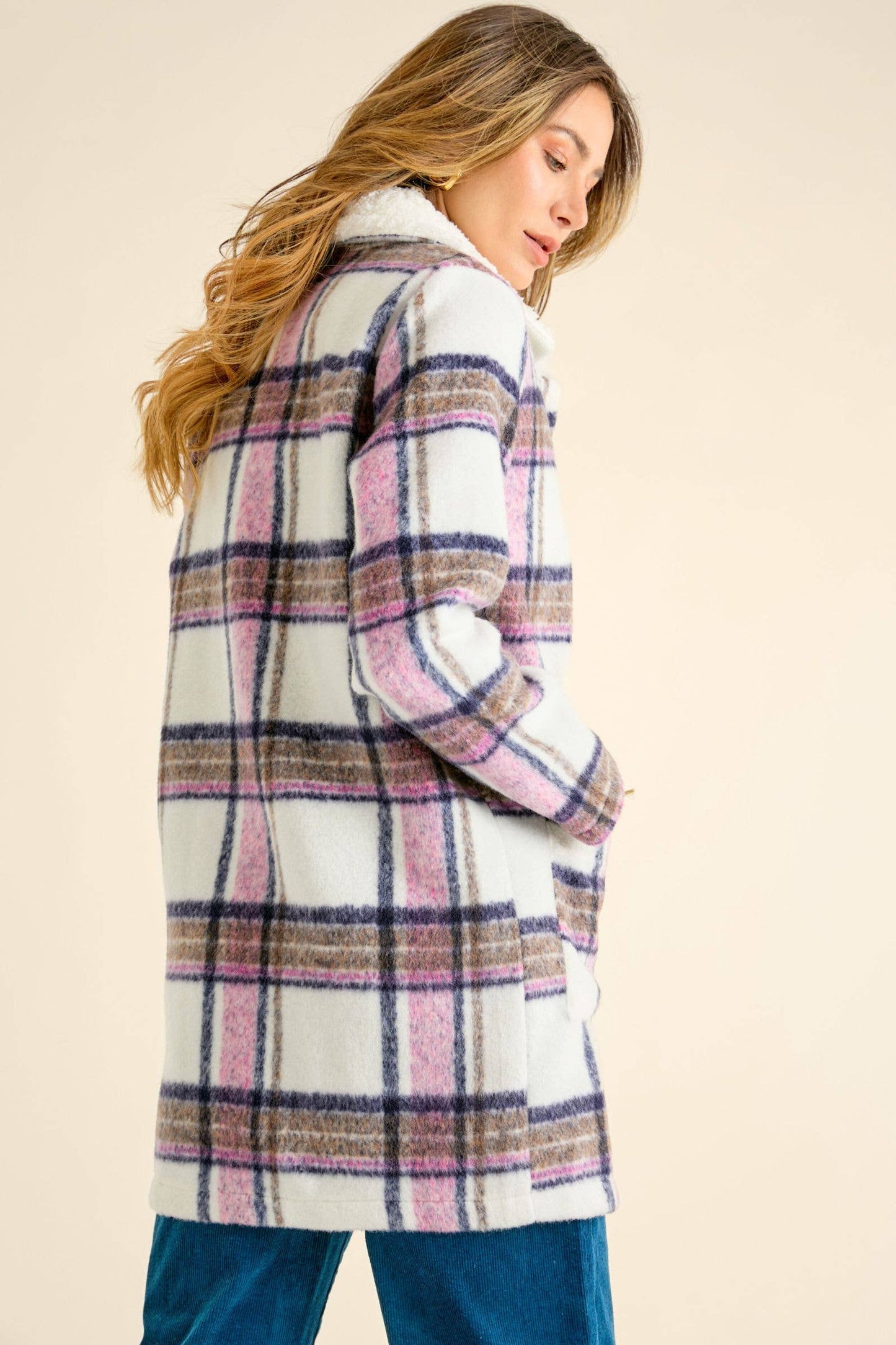 Faux Fur Plaid Button Down Coat