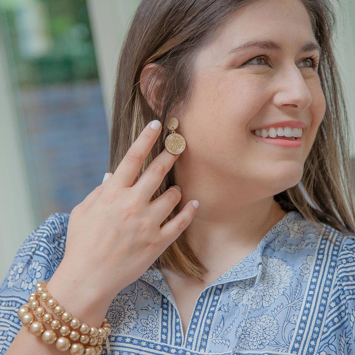 French Coin Drop Earrings in Worn Gold