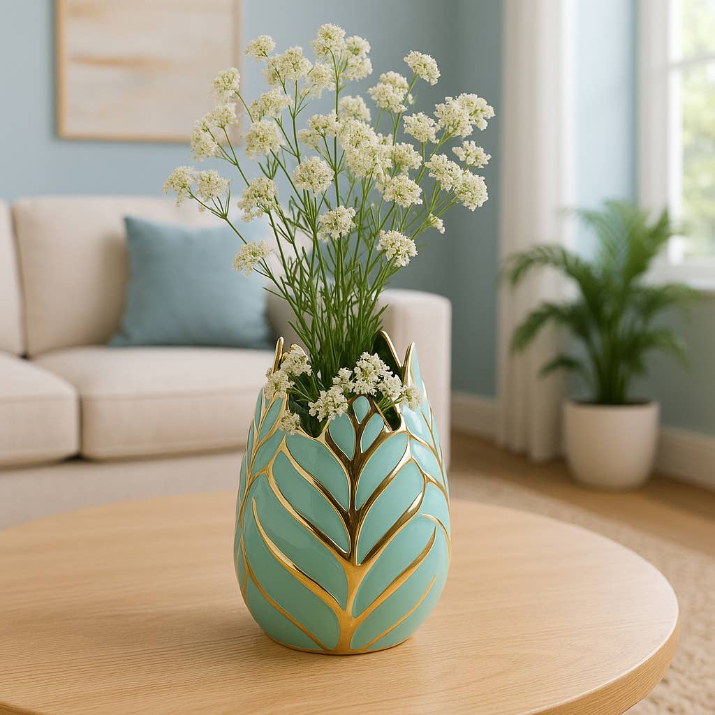 Ceramic Leaf Sculptural Design Flower Vase - Green, 8 in.