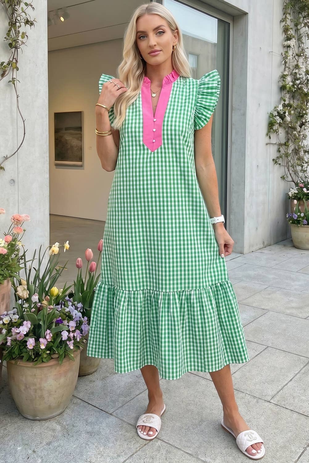 Summer Plaid V-Neck Ruffle Sleeve Tiered Midi Dress