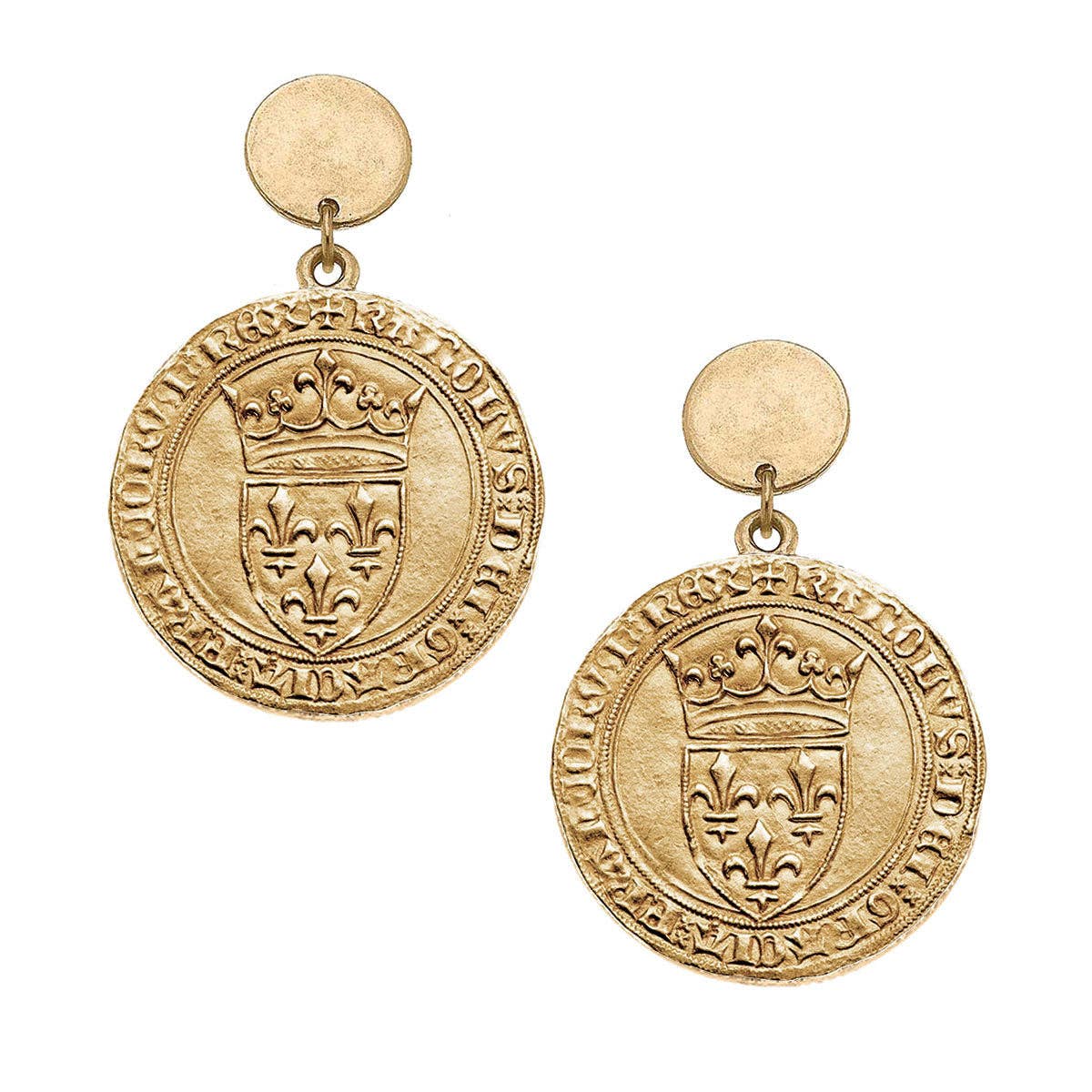 French Coin Drop Earrings in Worn Gold