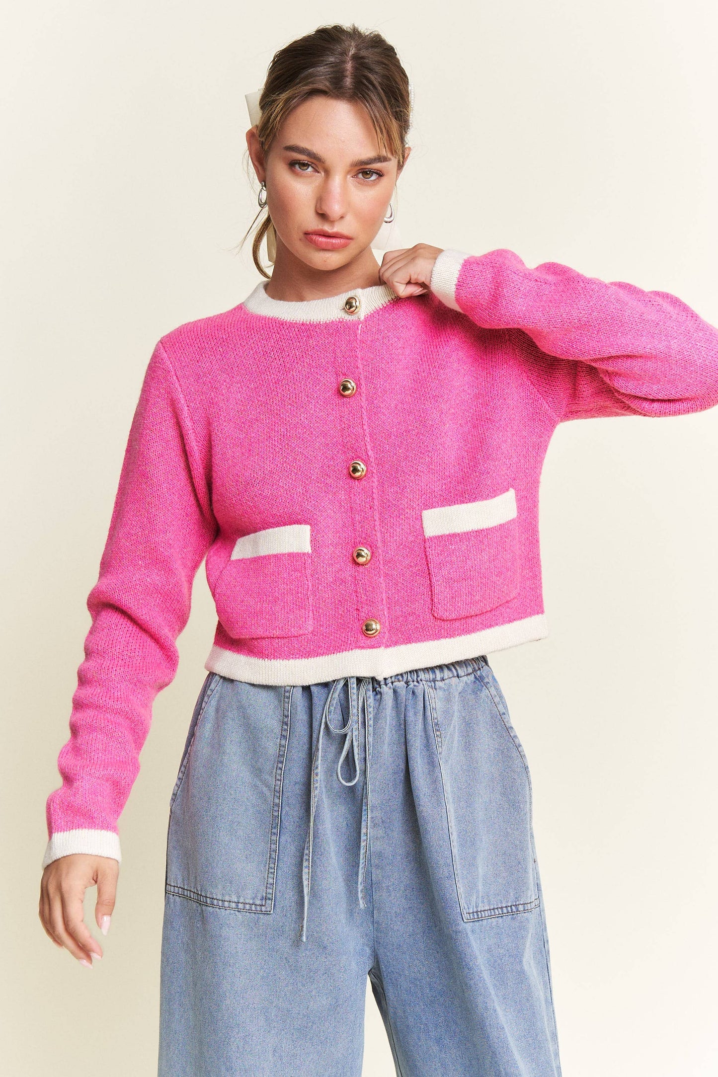 Pink Round Neck Boho Cardigan