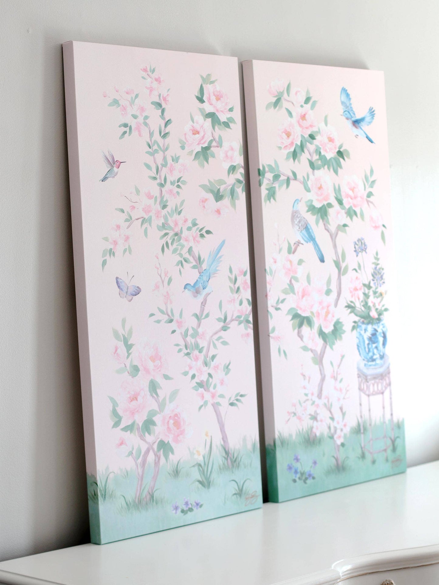 April, a pink chinoiserie canvas wrap