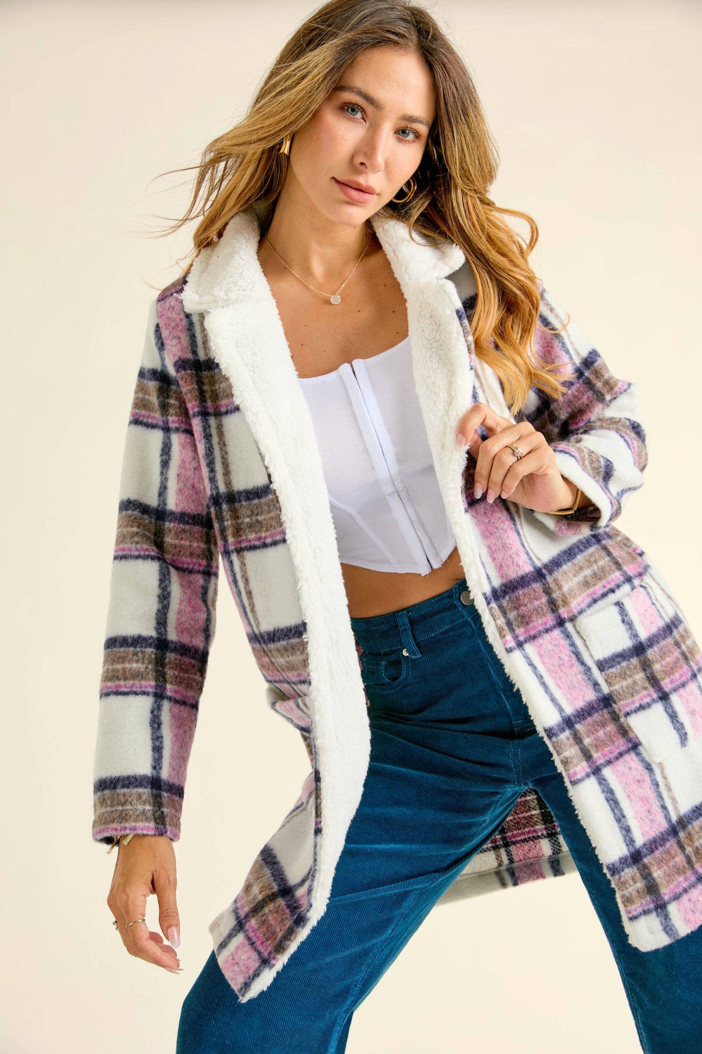 Faux Fur Plaid Button Down Coat