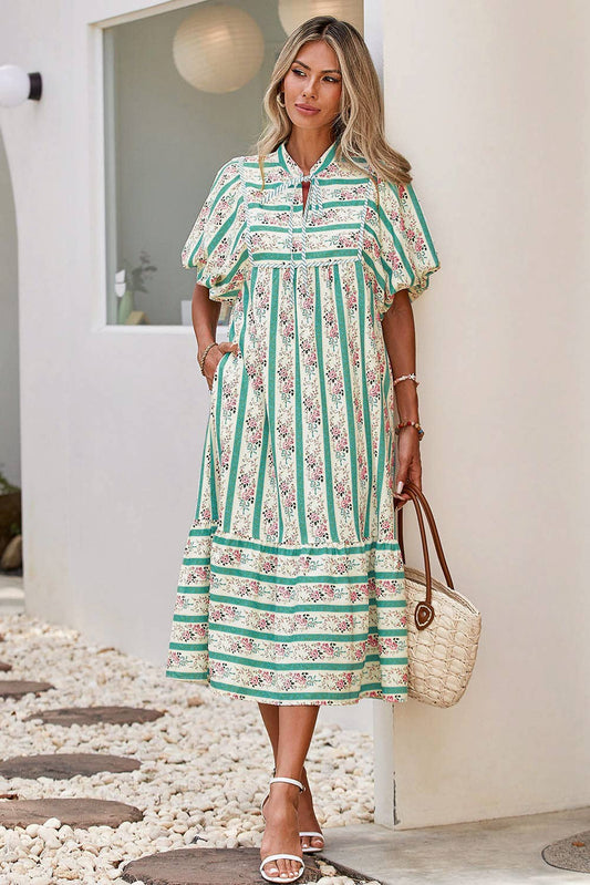LDC Striped Floral Print Tie Split Neck Puff Sleeve Dress