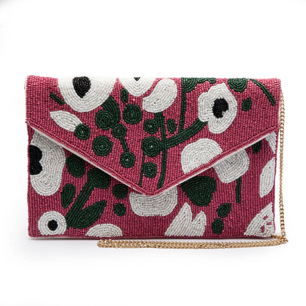 Posta Clutch Hand Beaded Pink & White Floral Design