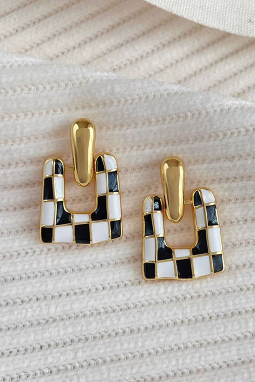 LDC Checkered Pattern Square Shape Stud Dangle Earrings