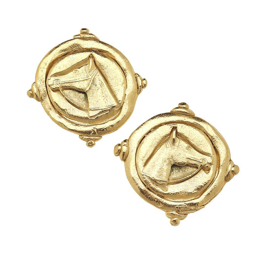 Gold Horse Intaglio Pierced Earrings