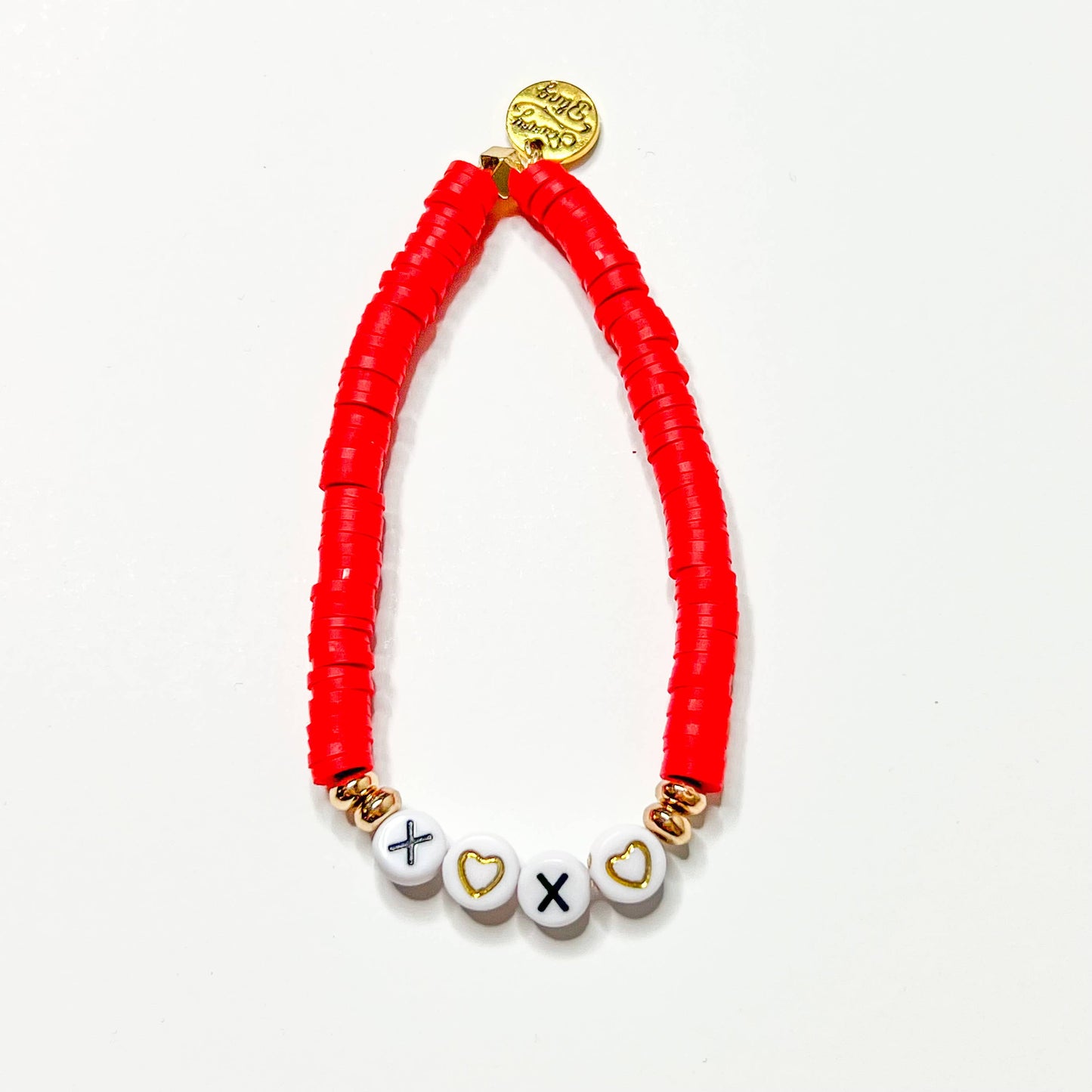 Valentine word Heishi Bracelets: Gold Bead-Pink white red heart