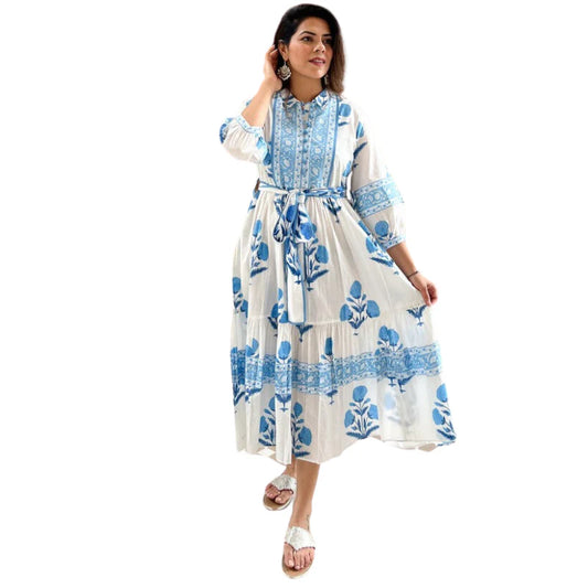 Sky Blue & White Block Print Dress