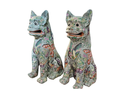 Antique Ceramic Hand Painted Famille Verte Foo Dogs