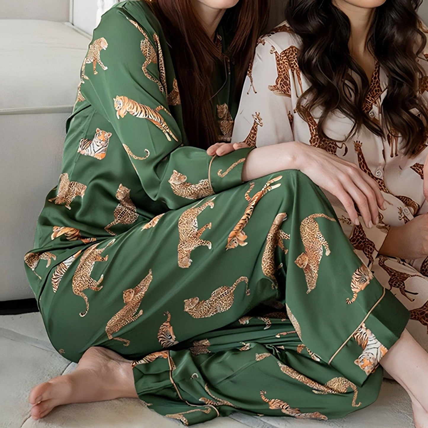 Long Sleeve Button Front Pajama Set with Tiger Print and Sat