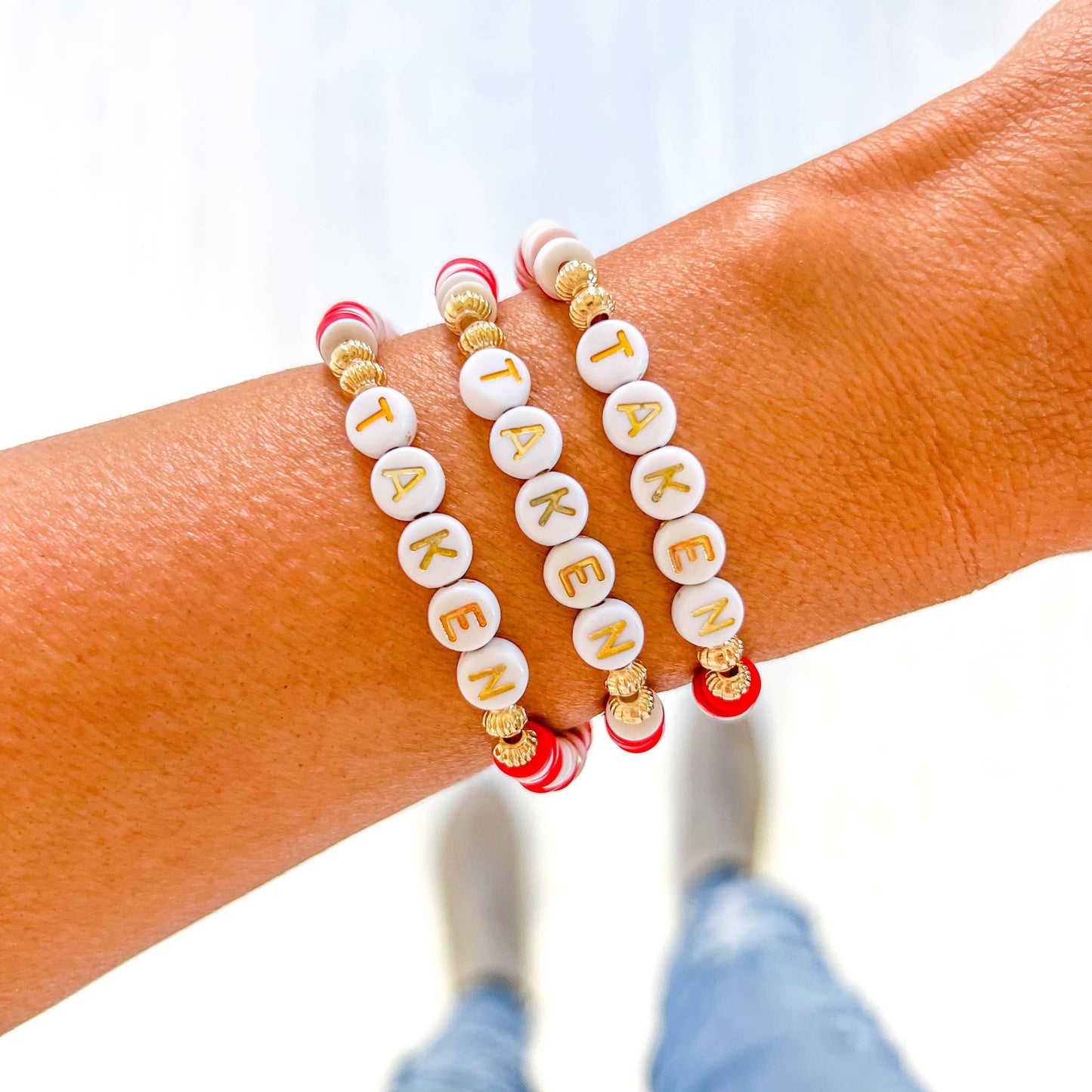 Valentine word Heishi Bracelets: Gold Bead-Pink white red heart
