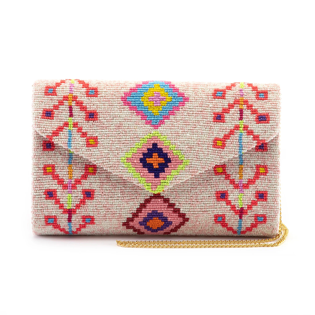 Guptra Clutch Hand Beaded Pink & White Tribal Design