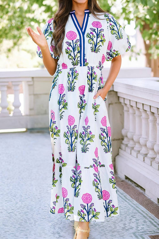 LDC Floral Puff Short Sleeve V Neck High Waist Maxi Dress