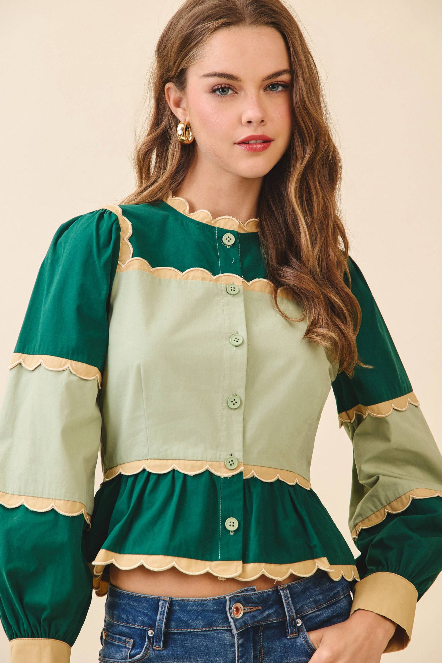 Color Block Scalloped Detail Peplum Top