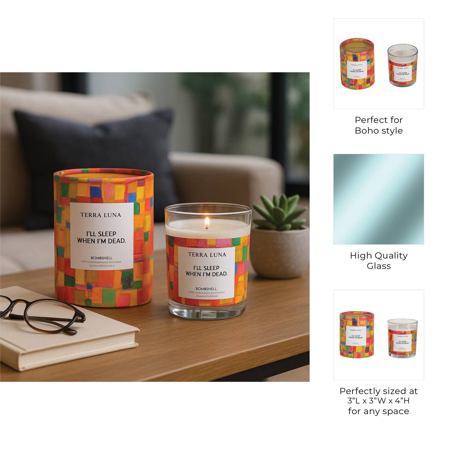 Boxed Candle - Yellow/Orange Glass "Sleep When Dead", 7 Oz
