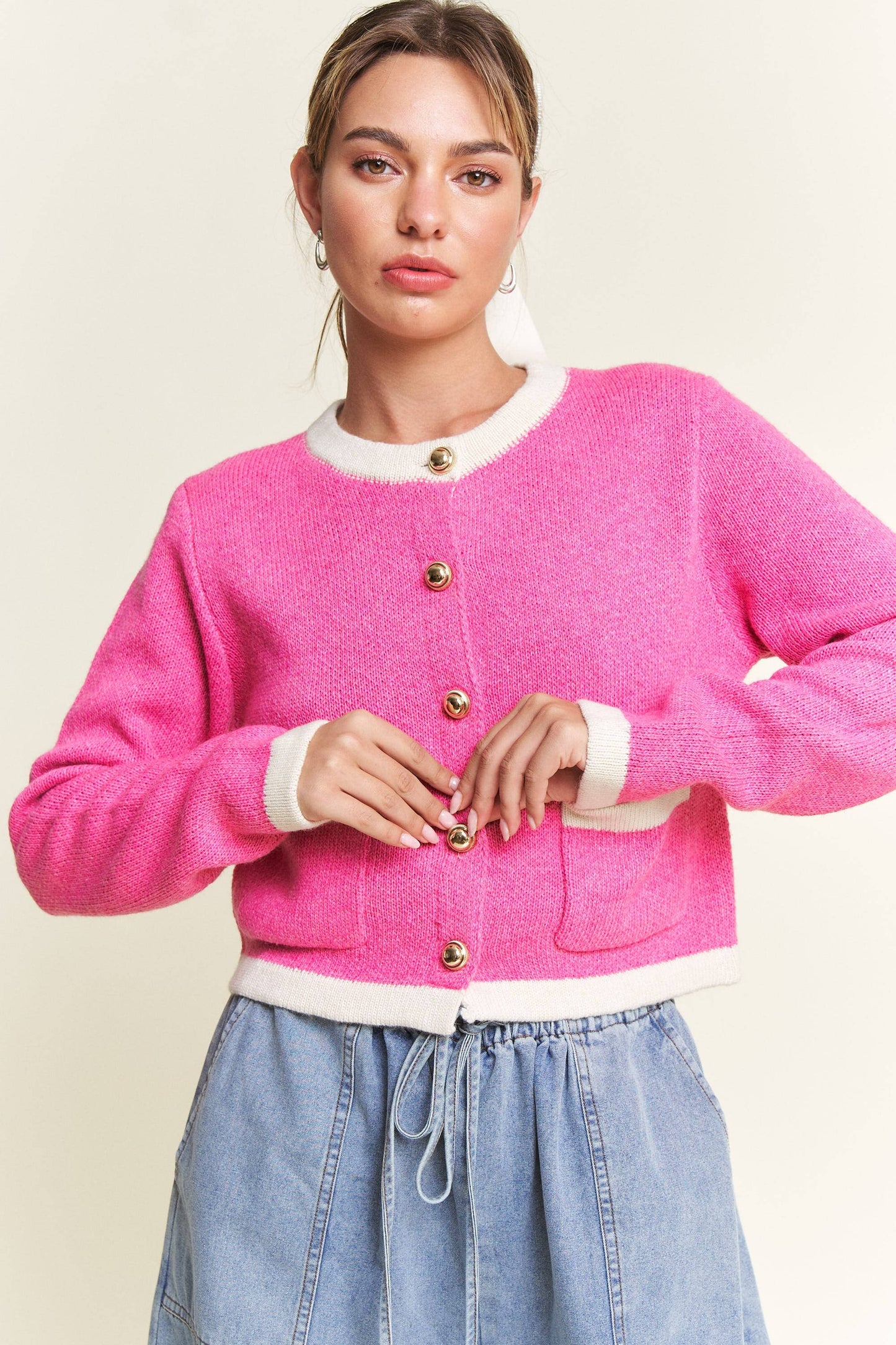 Pink Round Neck Boho Cardigan