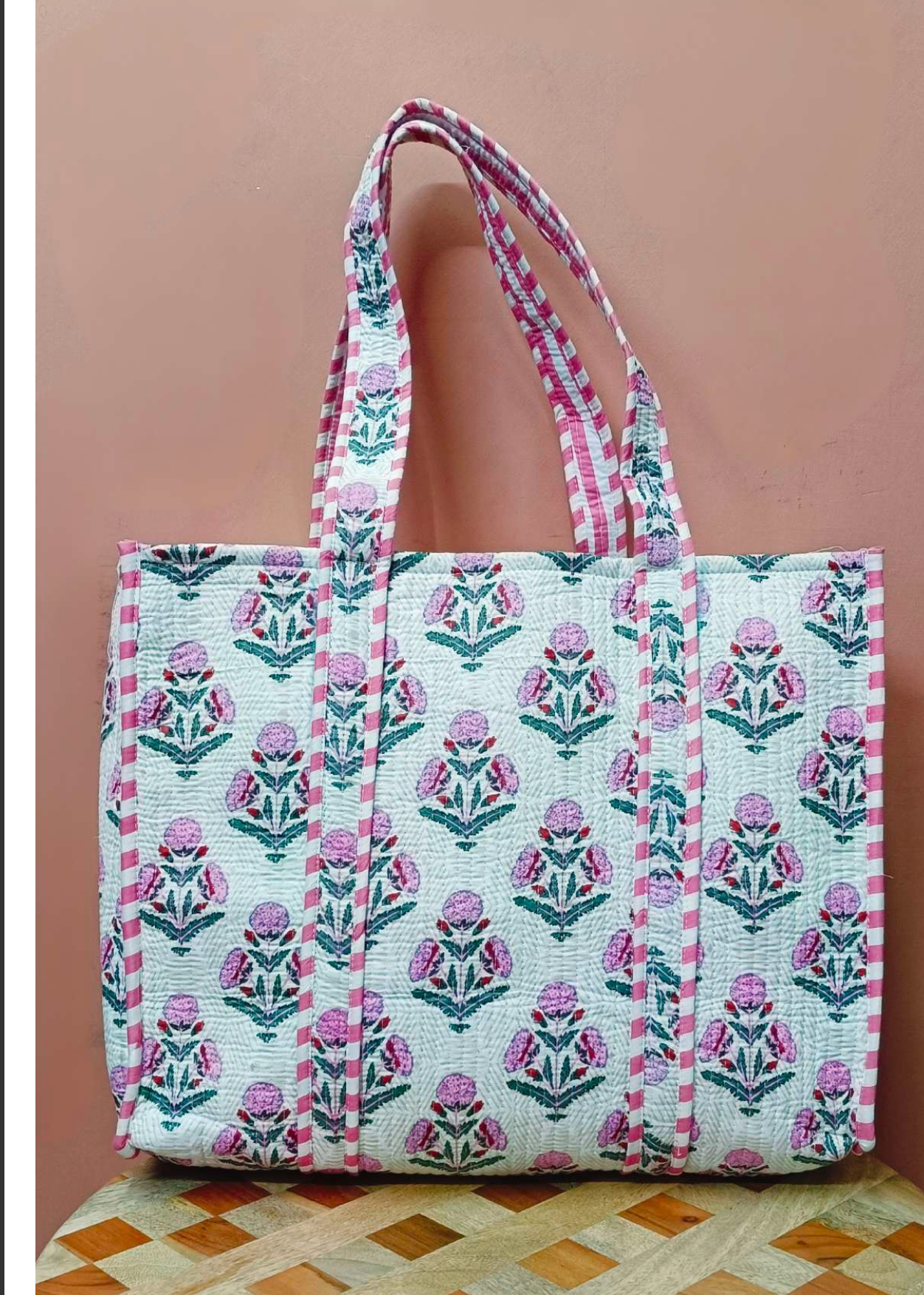 Handmade Block Print Quilted Cotton Tote
