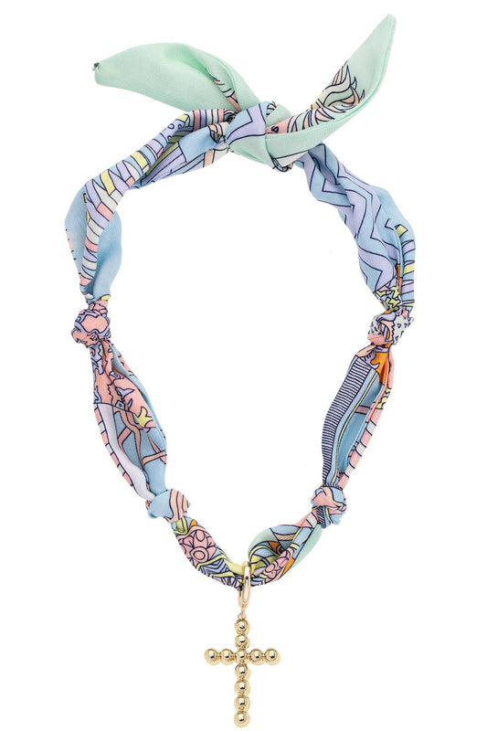 Louisa Beaded Cross Scarf Necklace in Pastel
