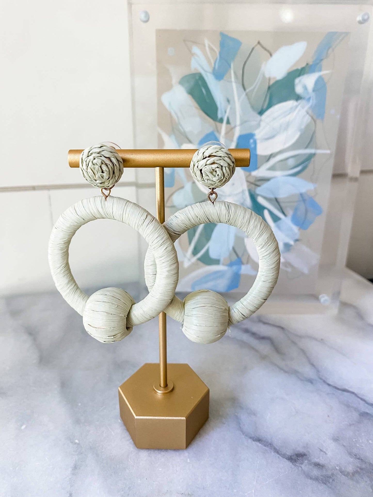 Pastel Mint Raffia Drop Hoop Earrings - Southern Jewelry
