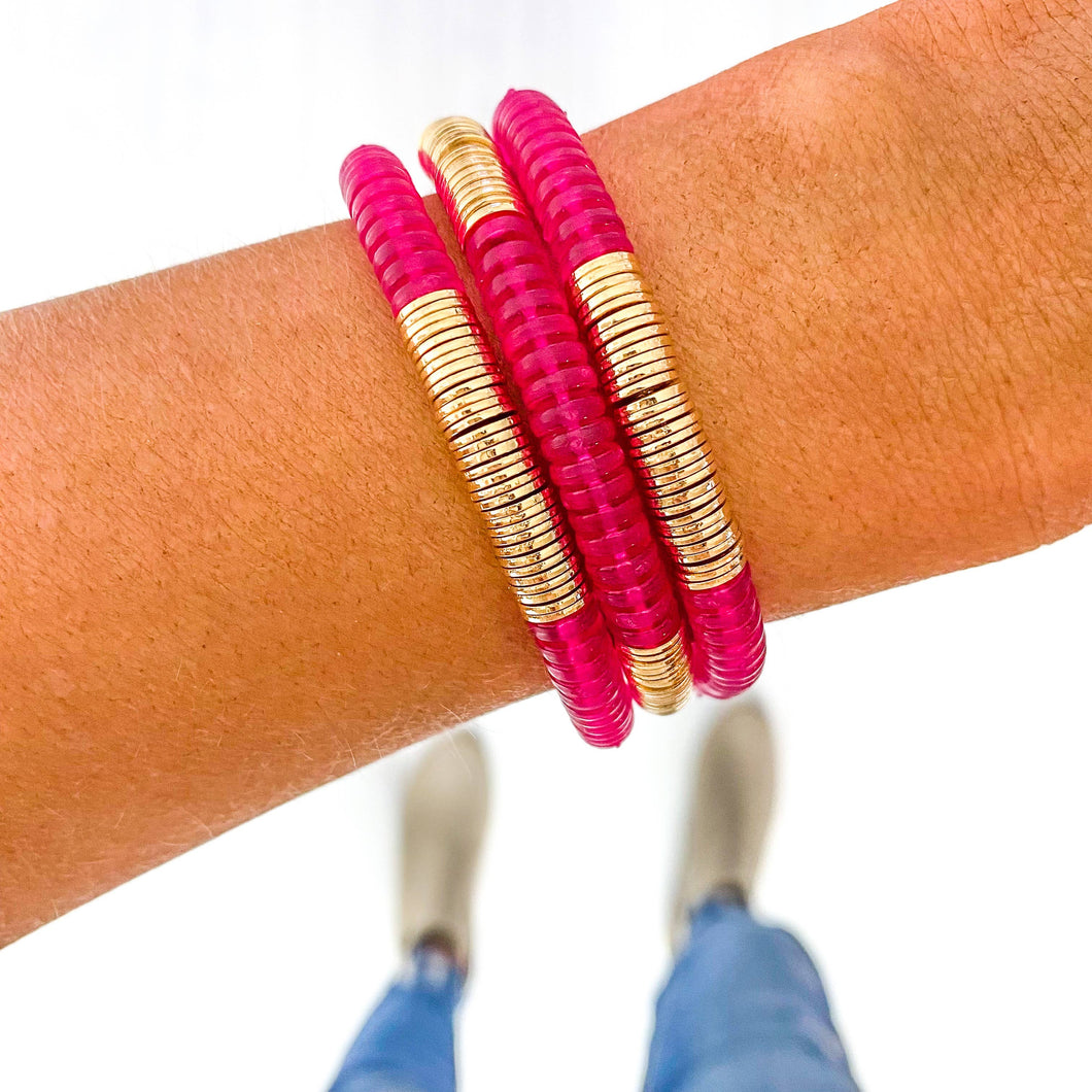 Red Pink Ivory Acrylic Disc Bracelet: Clear Dark Pink