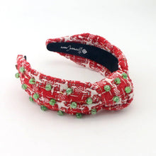 Load image into Gallery viewer, Red &amp; White Tweed Headband with Green Glass Beads
