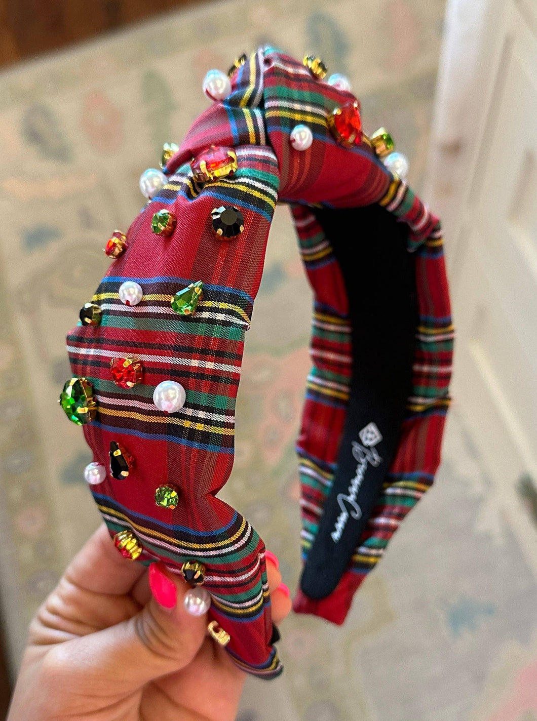 Tartan Plaid Headband with Crystals and Pearls