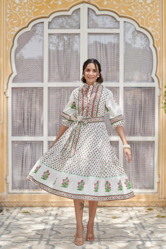 Midi Dress | Pink/White | Block Print Dress | Sage Dress