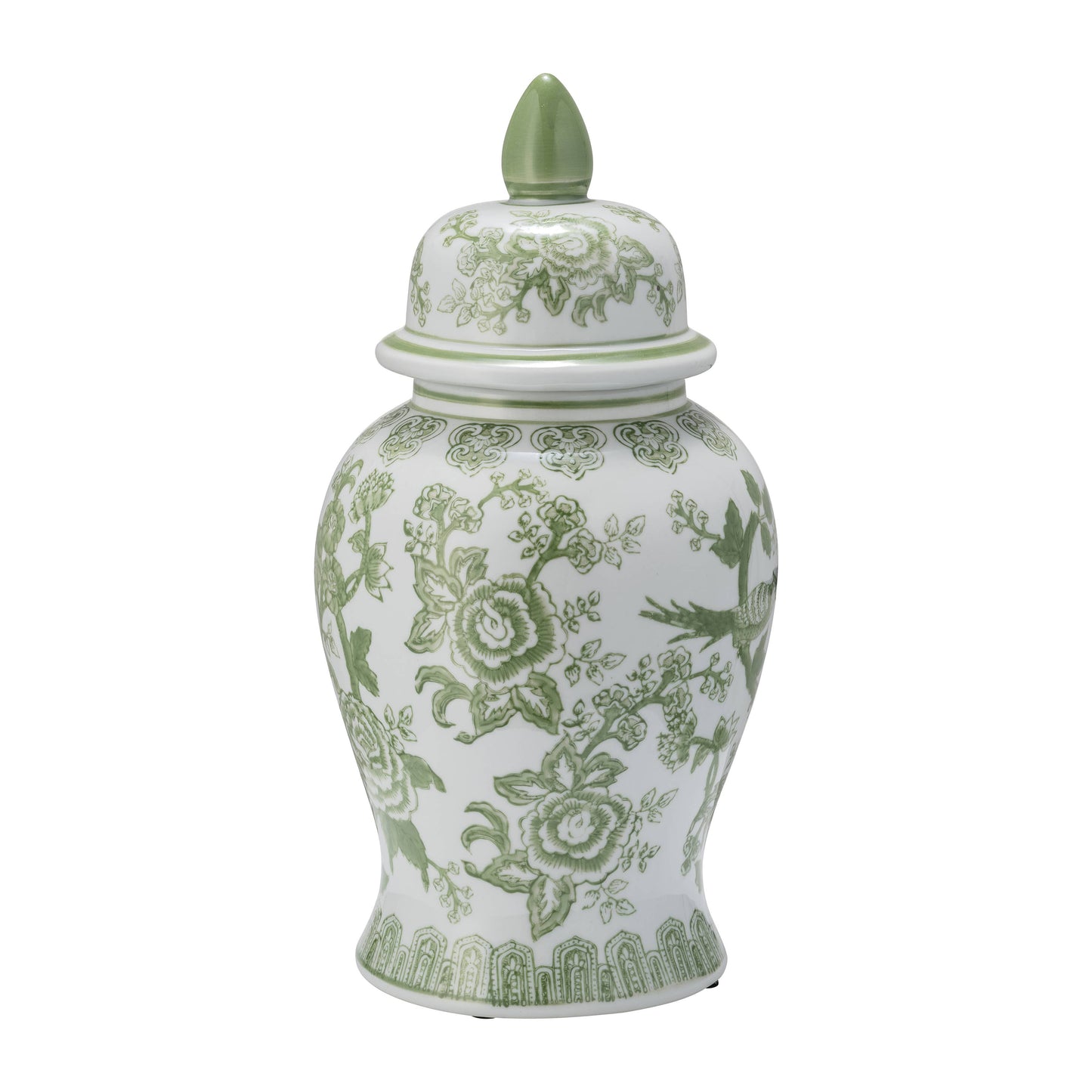 Green/White Bird and Flower Temple Chinoiserie Jar