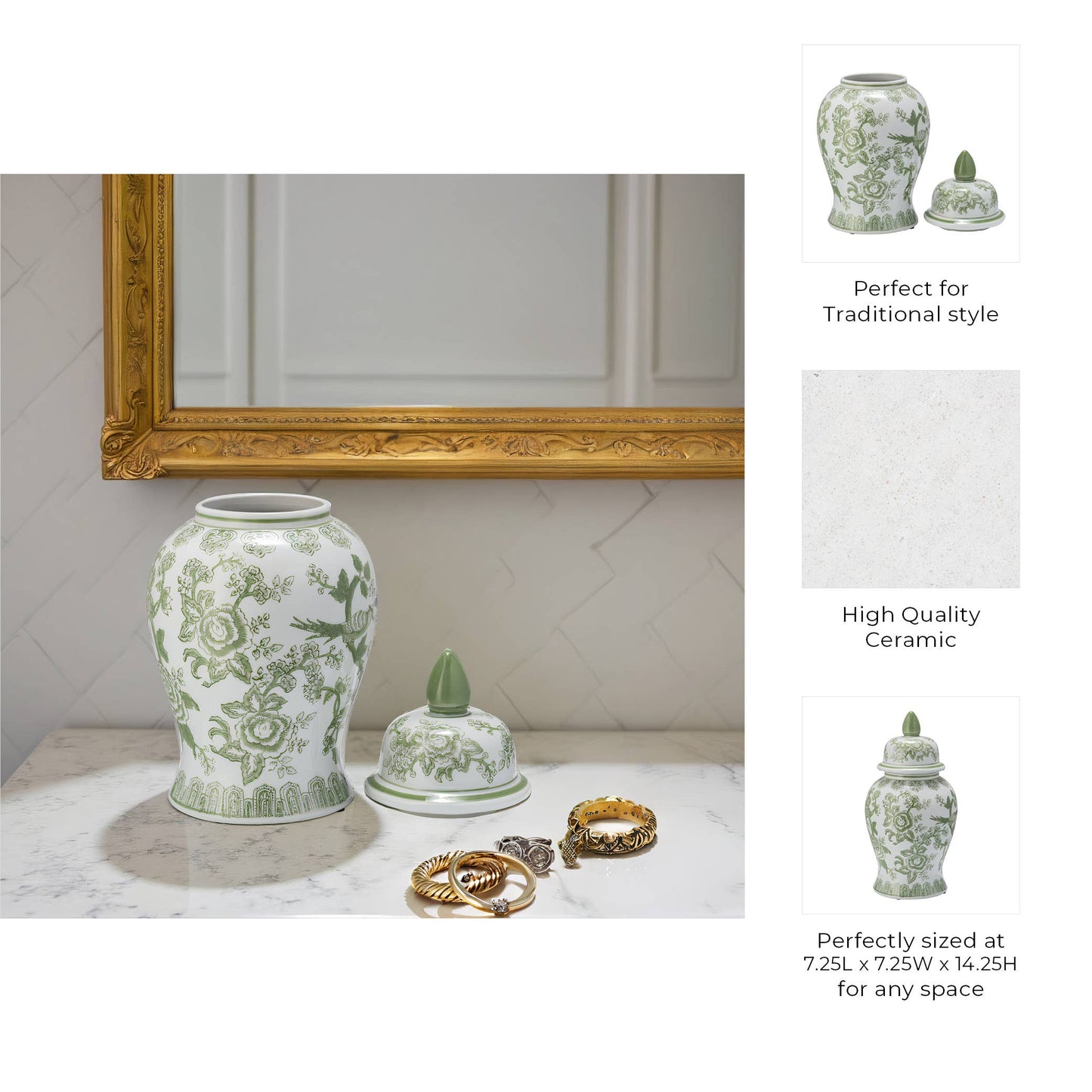 Green/White Bird and Flower Temple Chinoiserie Jar