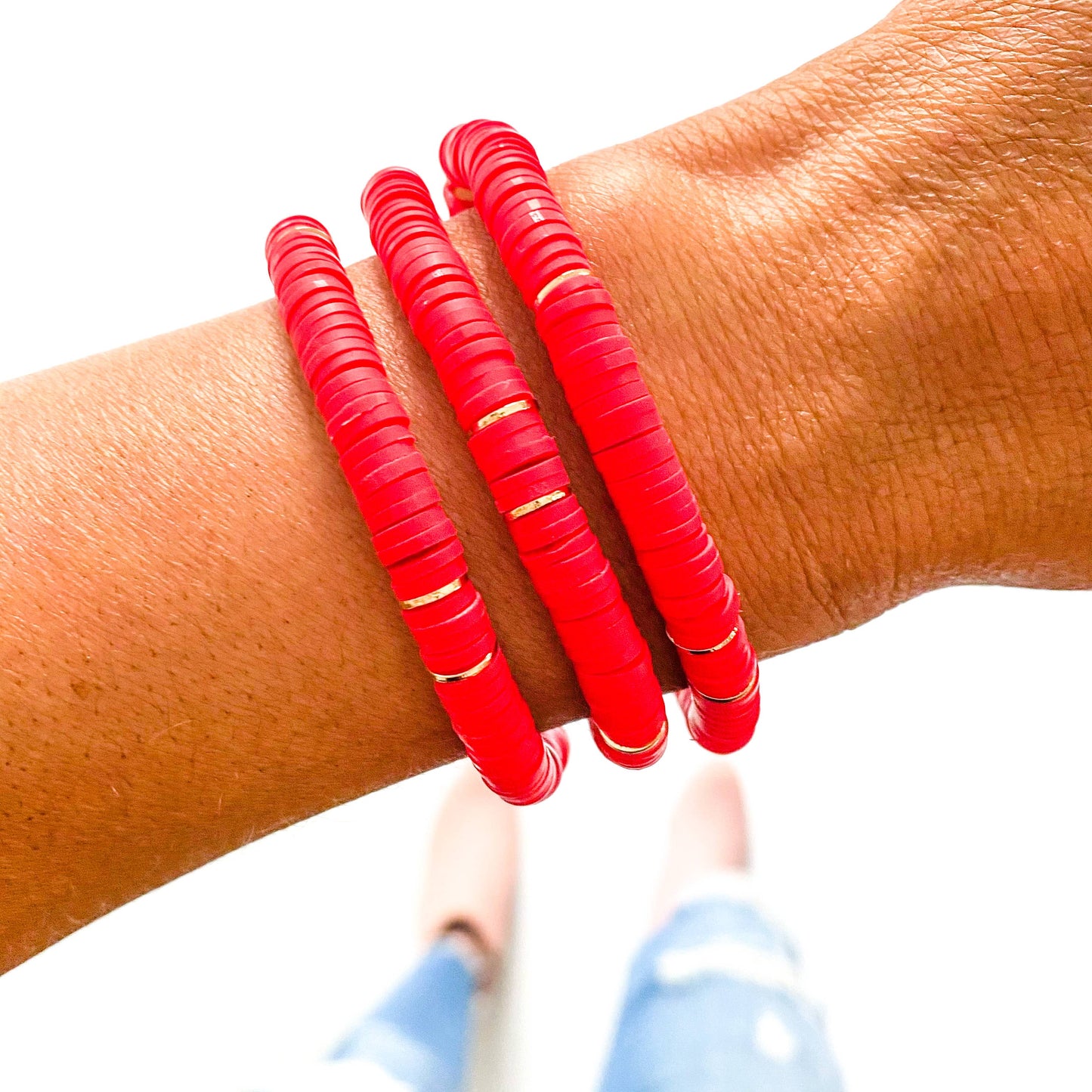 Red Pink and White Vinyl Heishi Bracelet Mix: Light Pink Speckle Dalmatian