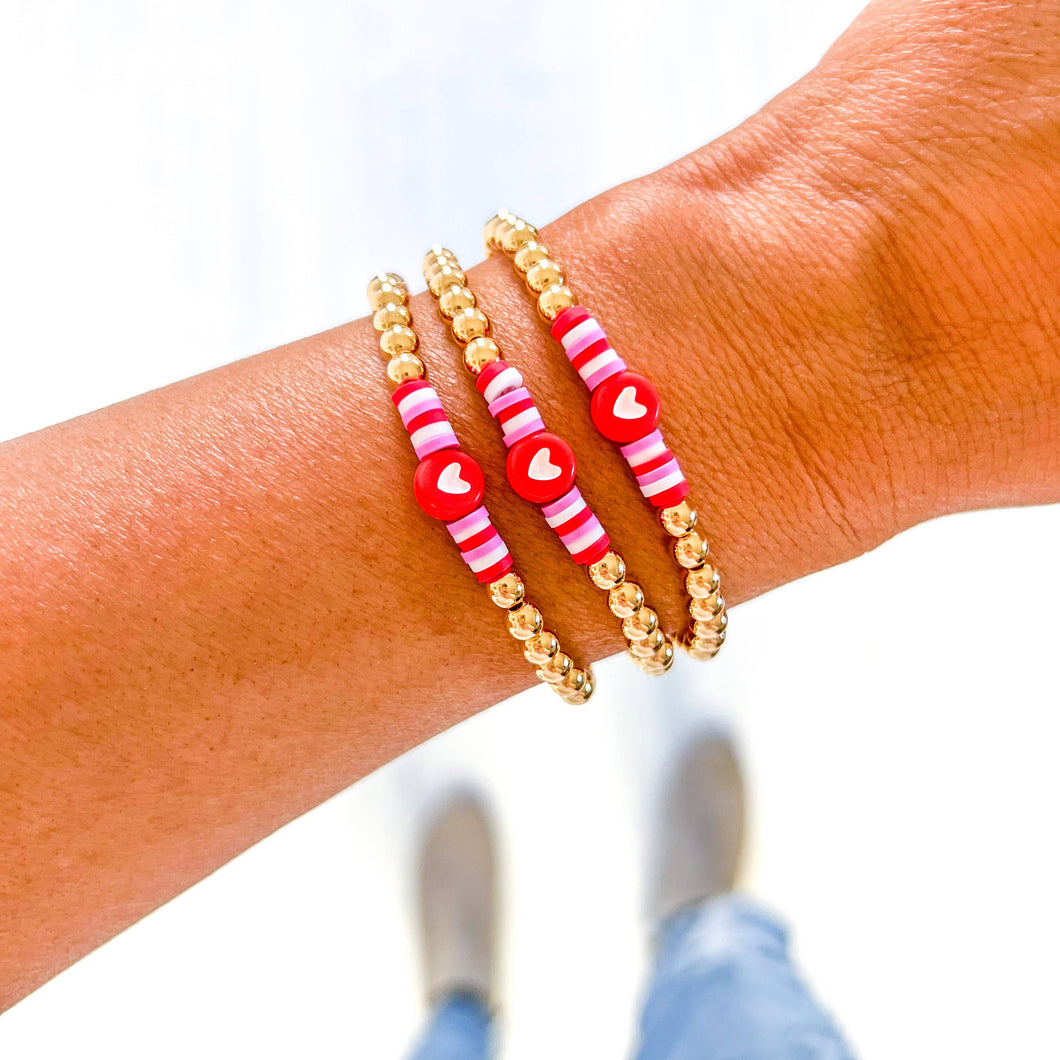 Valentine word Heishi Bracelets: Gold Bead-Pink white red heart