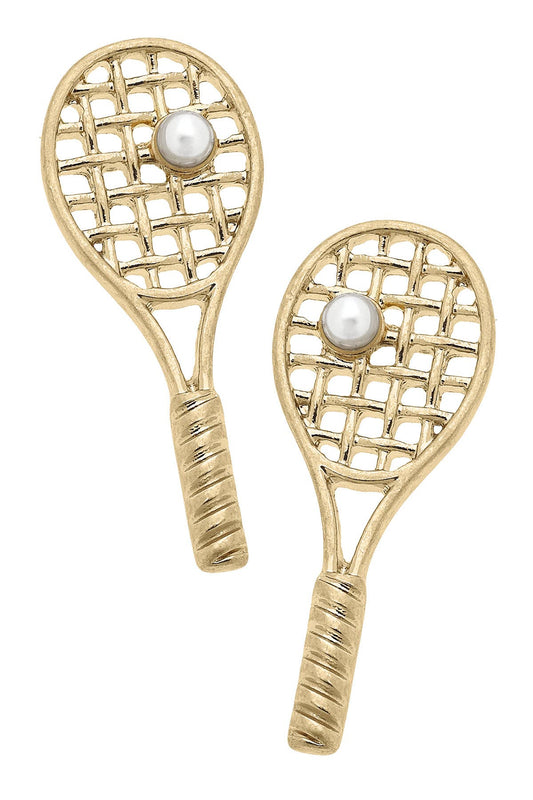 Justine Pearl Tennis Racket Stud Earrings in Shiny Gold