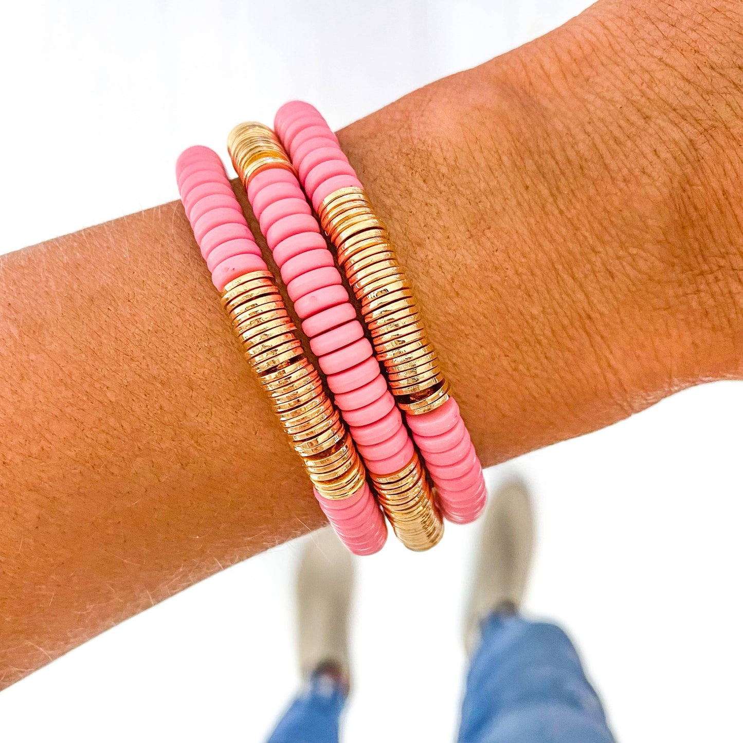Red Pink Ivory Acrylic Disc Bracelet: Clear Dark Pink