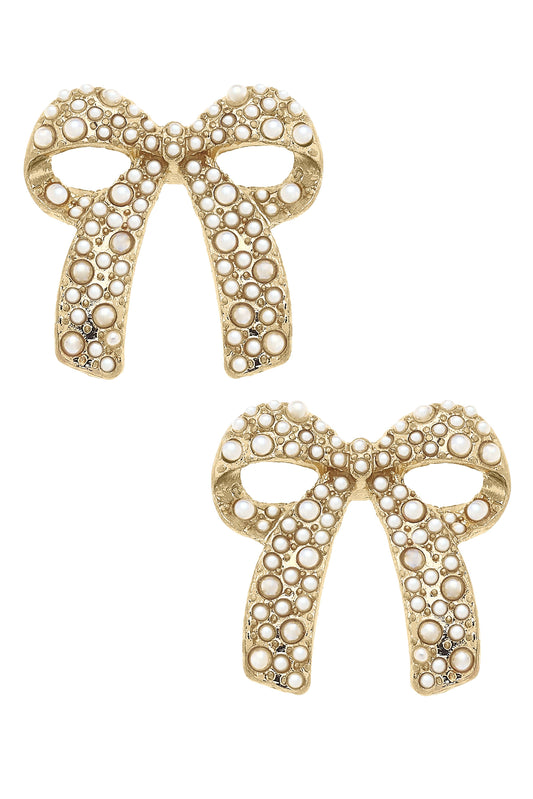 Priscilla Pearl Studded Bow Earrings in Shiny Gold