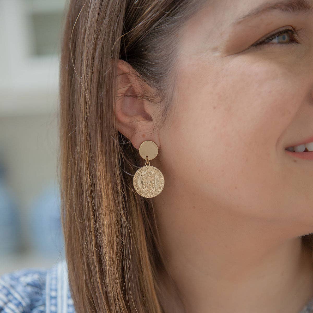 French Coin Drop Earrings in Worn Gold