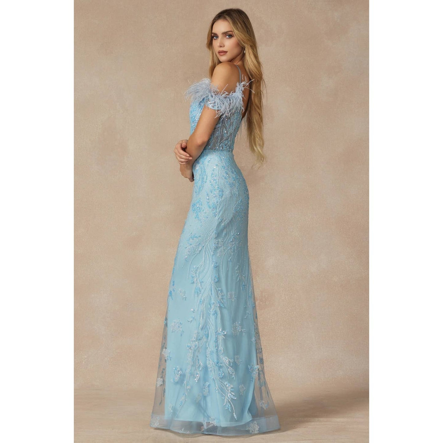 Gown with Corset Bodice & Feathers off the Shoulder