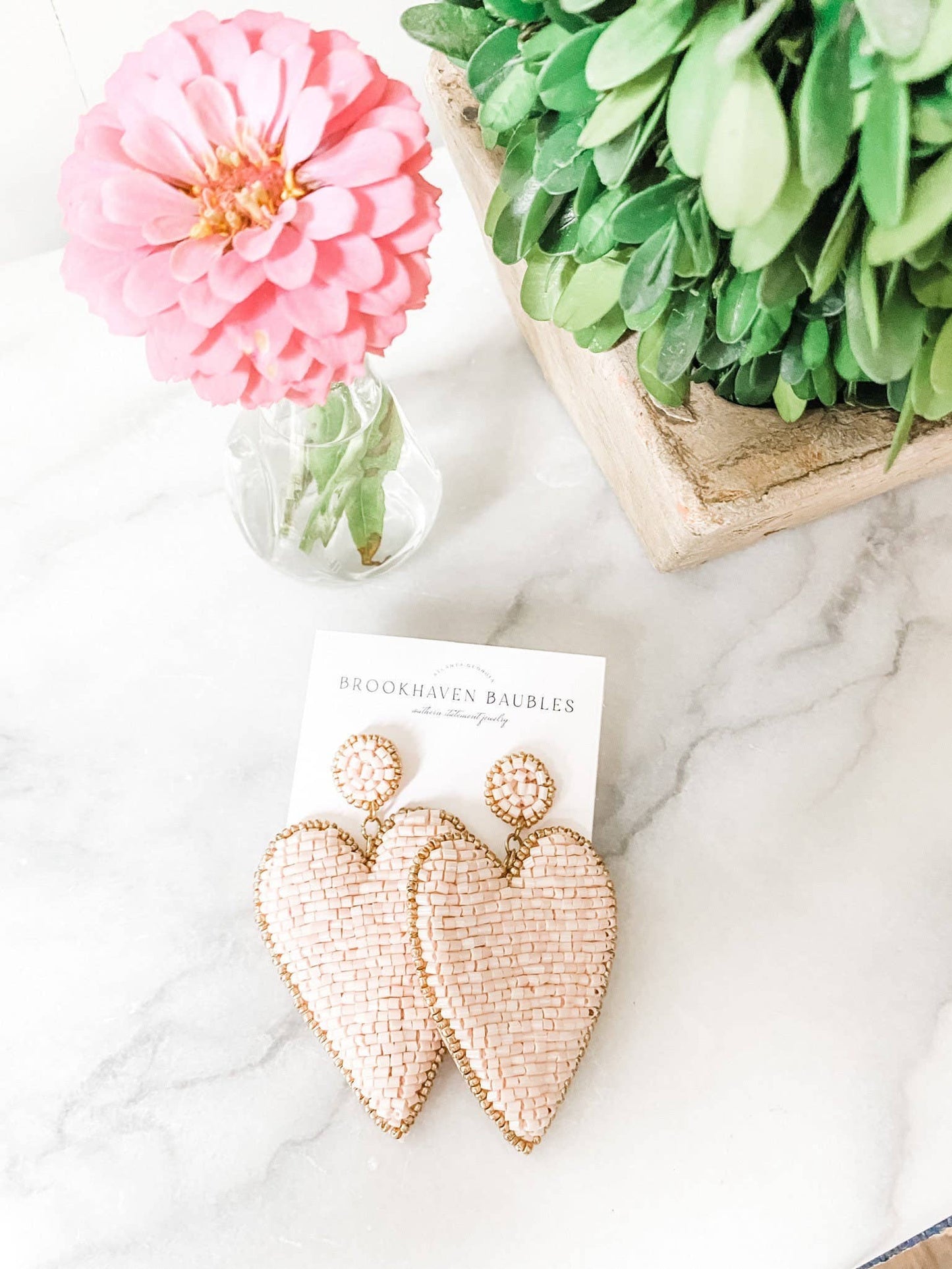 Light Pink Beaded Heart Earrings with Gold Accents