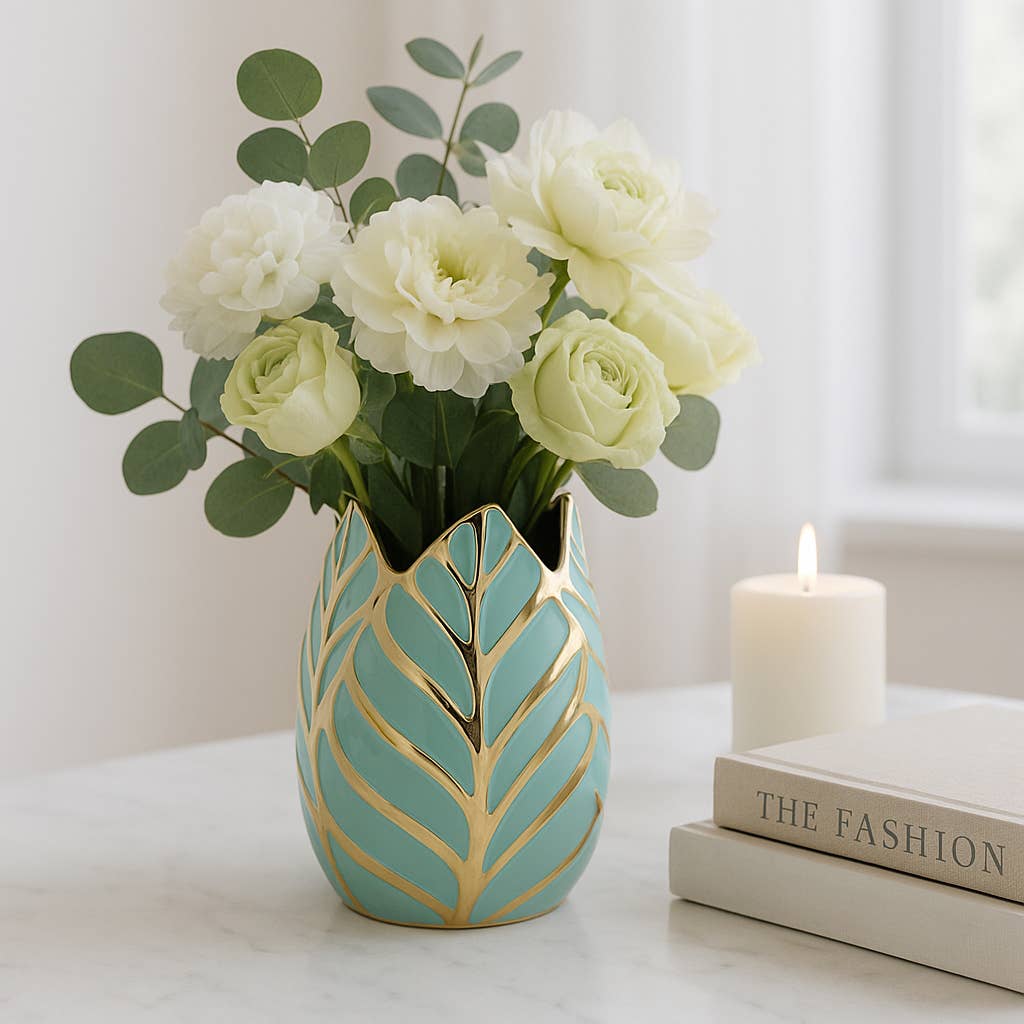 Ceramic Leaf Sculptural Design Flower Vase - Green, 8 in.