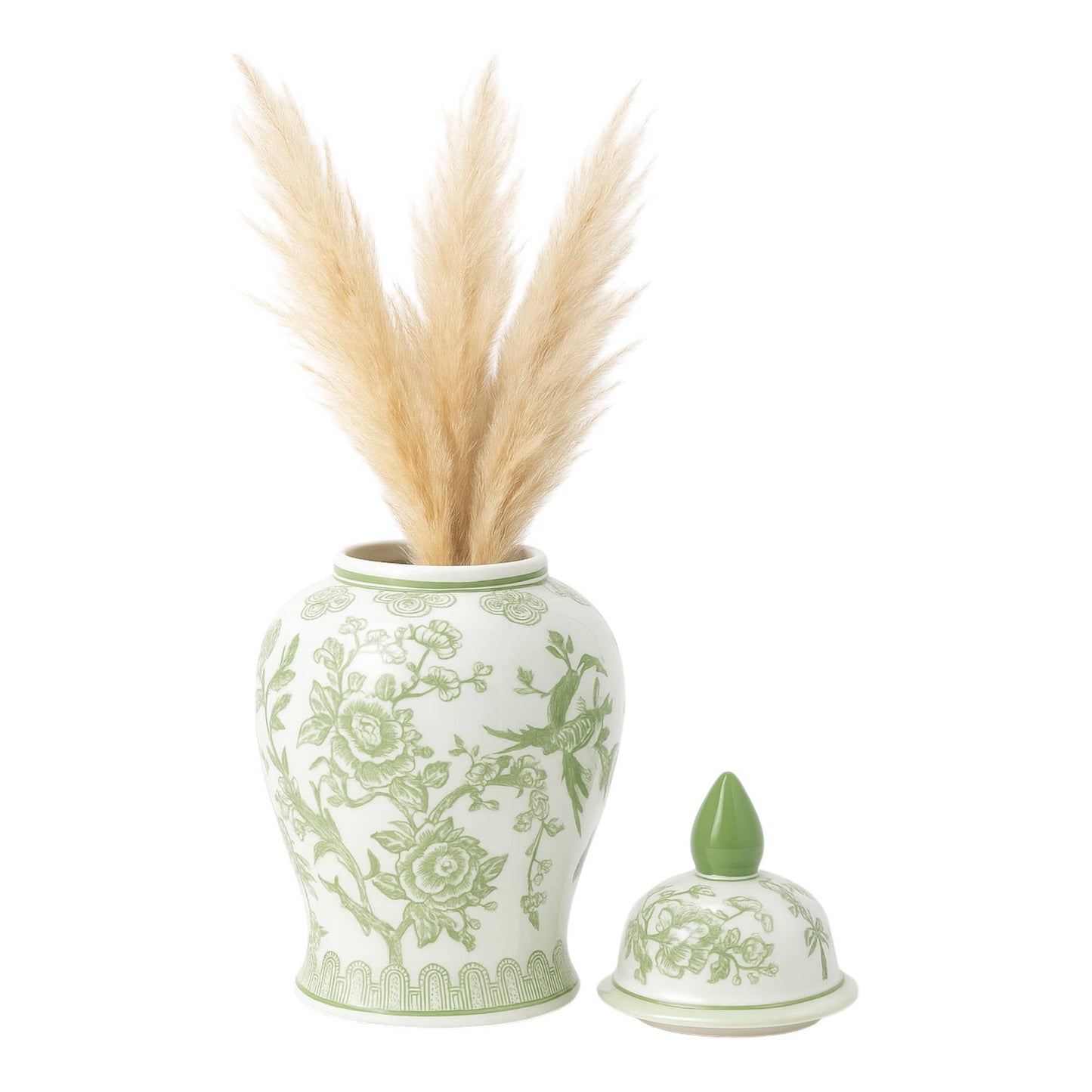 Green/White Bird and Flower Temple Chinoiserie Jar