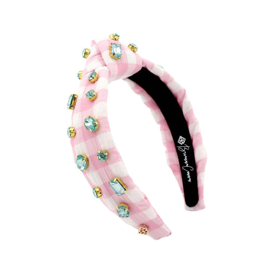 Pink Gingham Headband Robin Egg Blue Rhinestones
